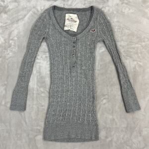 VTG Y2K Hollister Top Womens XS Grey 3/4 Sleeve Cable Knit Henley Bella Elena